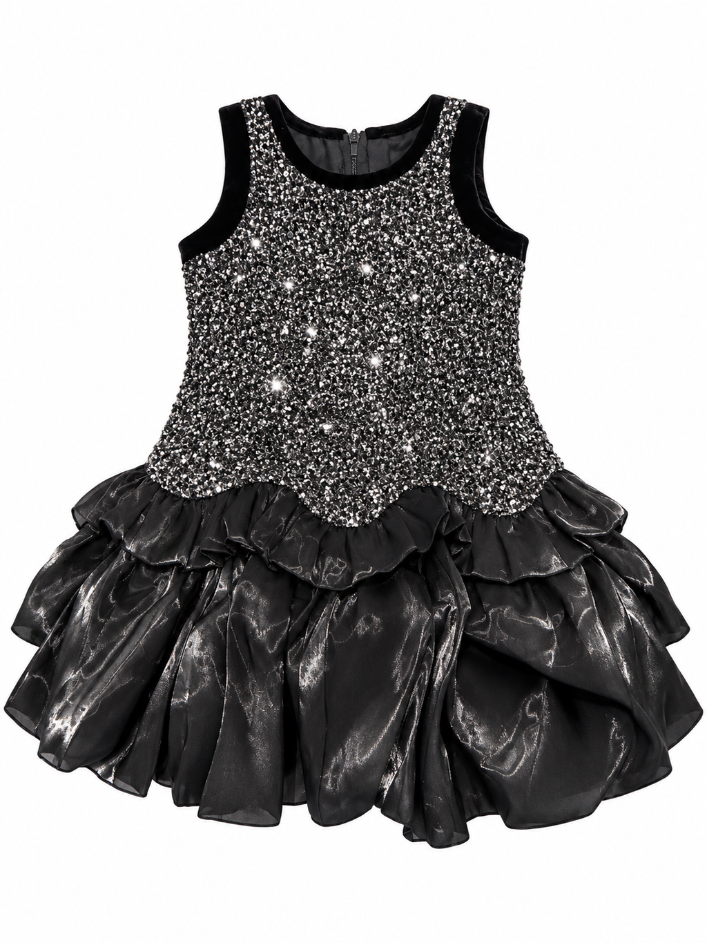 Girls’ Elegant Black & Silver Sequin Party Dress – Sleeveless Sparkly Ruffle Dress