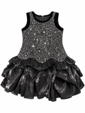 Girls’ Elegant Black & Silver Sequin Party Dress – Sleeveless Sparkly Ruffle Dress