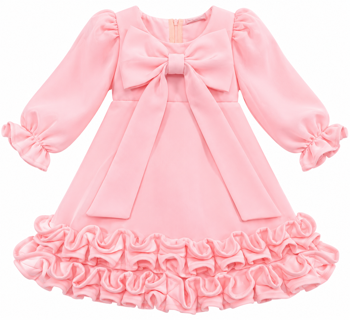 Girls’ Pink Bow Dress with Long Puff Sleeves and Ruffle Hem