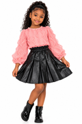 Girls' Elegant Pink Blouse & Black Leather-Look Skirt Set