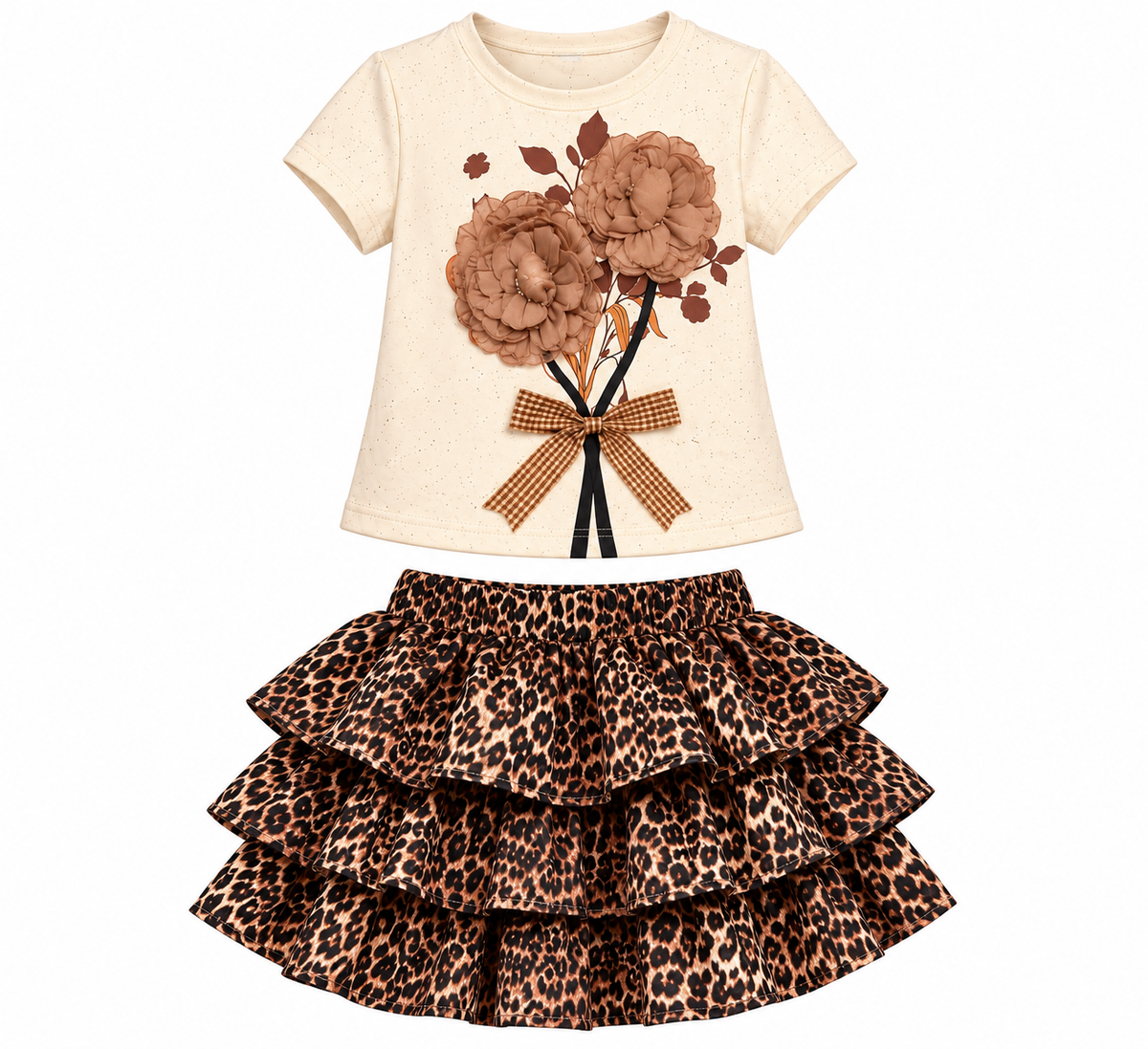 Girls’ Elegant Floral T-Shirt & Leopard Print Layered Skirt Set – 2-Piece Outfit