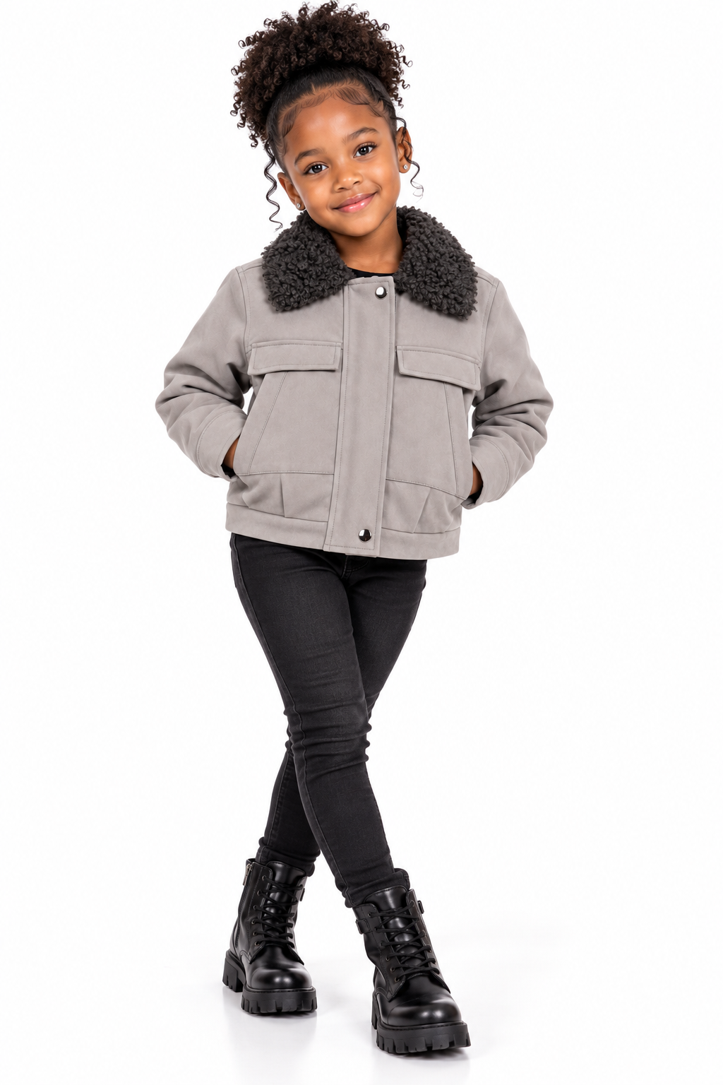 Girls’ Stylish Gray Faux Suede Jacket with Black Faux Fur Collar