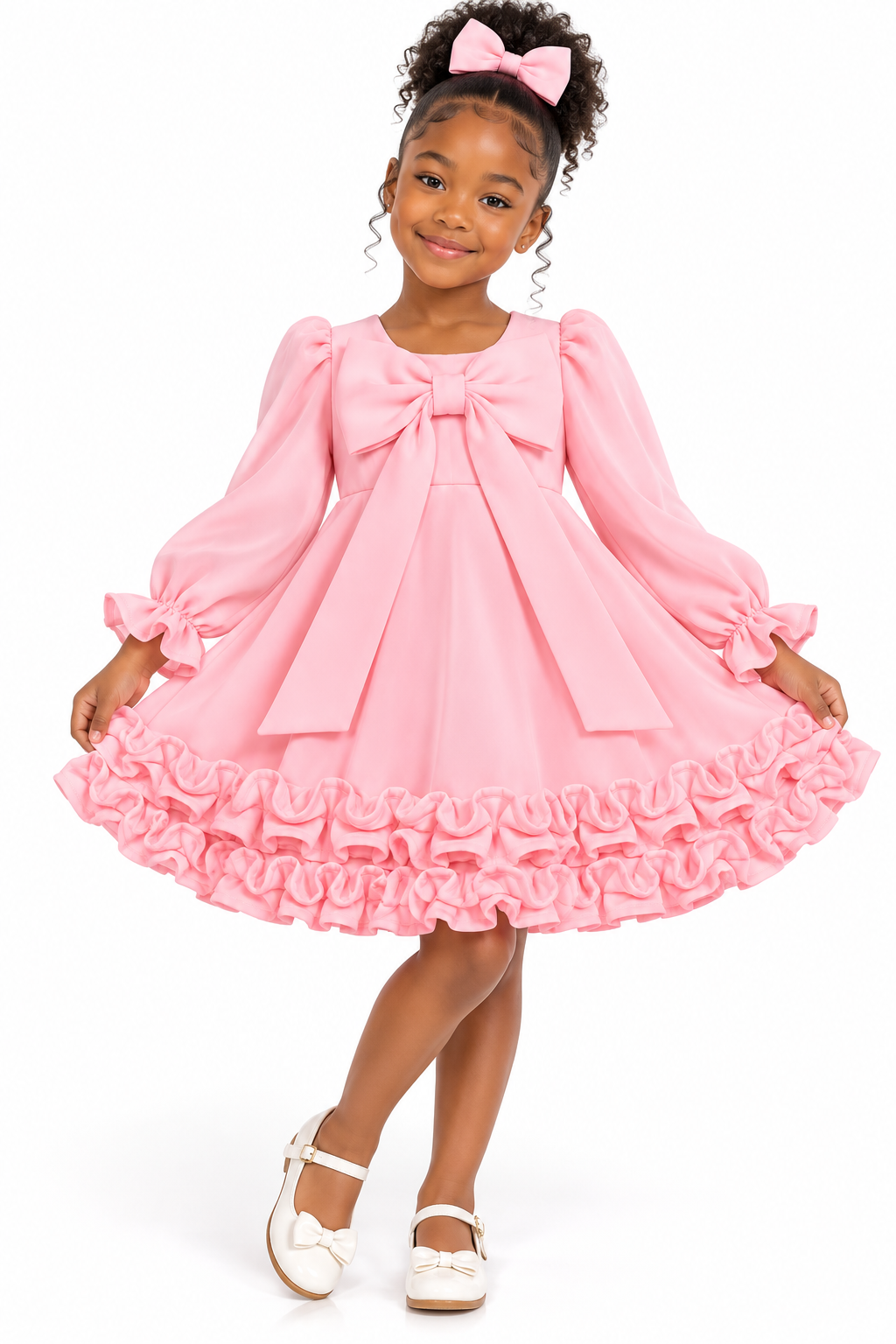 Girls’ Pink Bow Dress with Long Puff Sleeves and Ruffle Hem
