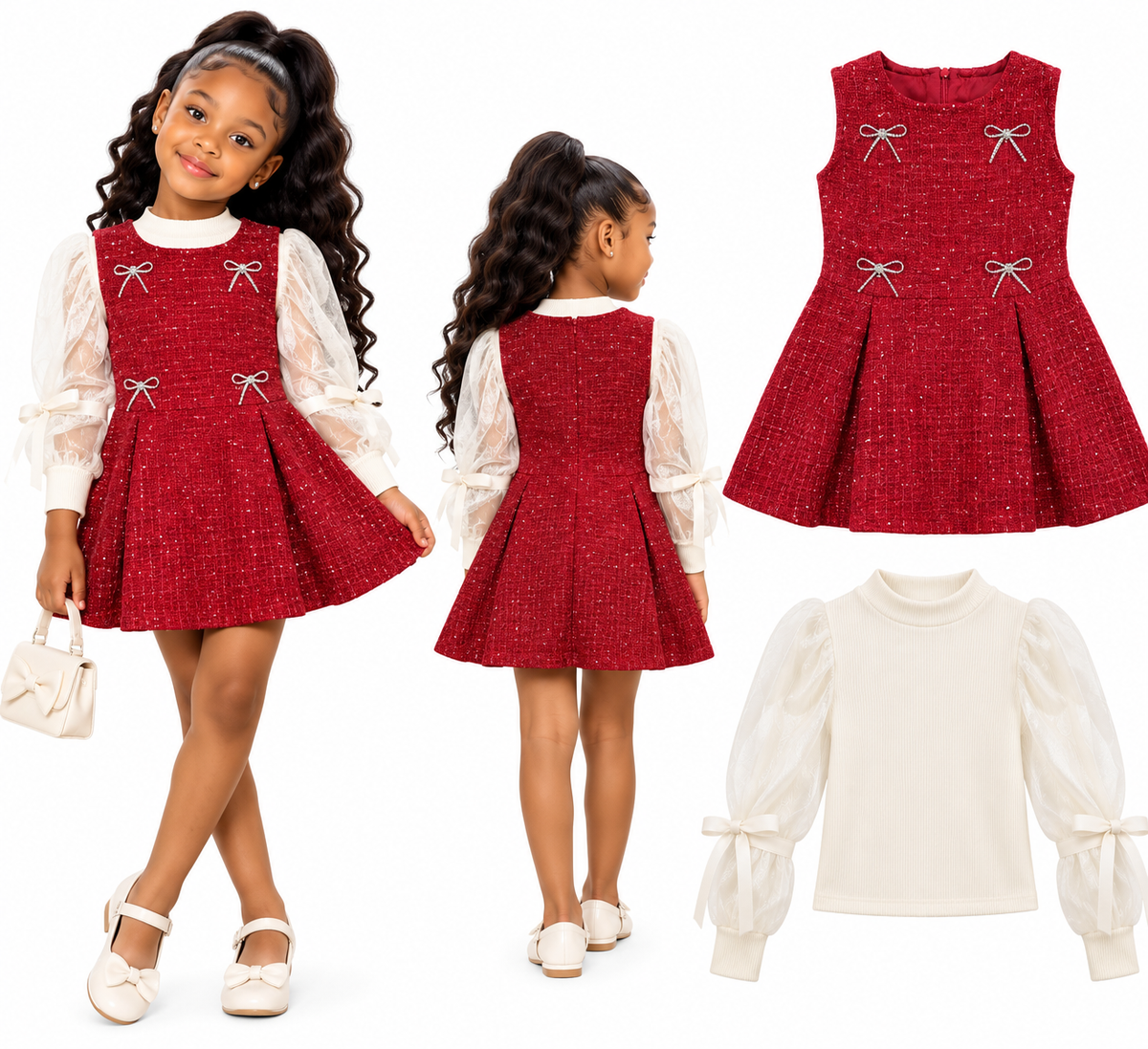 Girls’ Red & Ivory Bow Detail Pleated Party Dress