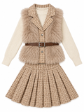 Girls’ Beige Three-Piece Winter Vest, Sweater & Pleated Skirt Set