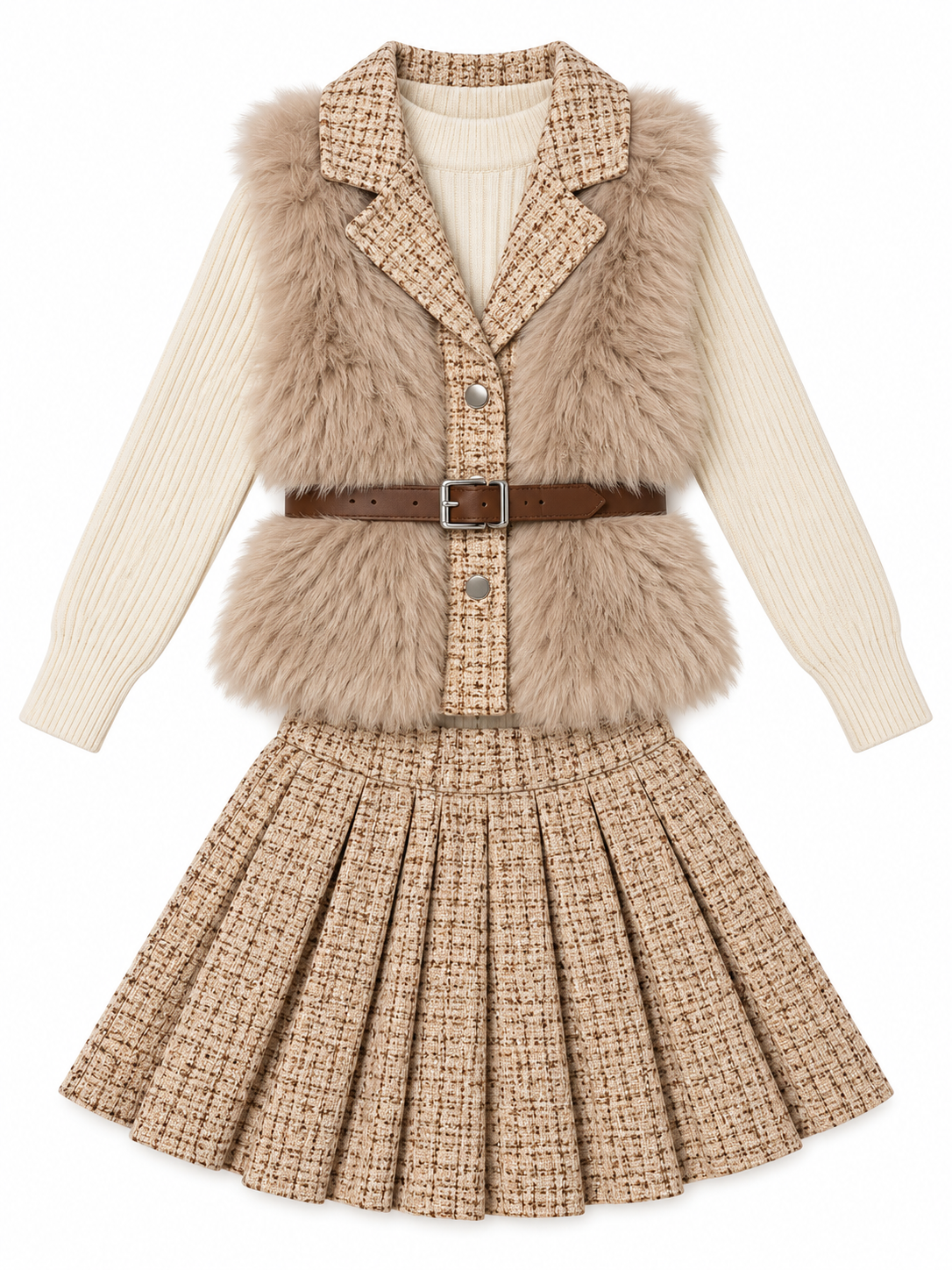 Girls’ Beige Three-Piece Winter Vest, Sweater & Pleated Skirt Set
