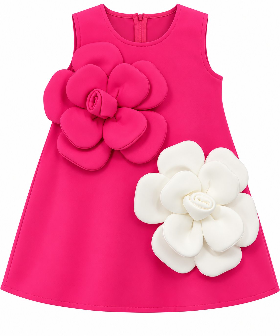 Girls’ Hot Pink Sleeveless Dress with Oversized 3D Flowers