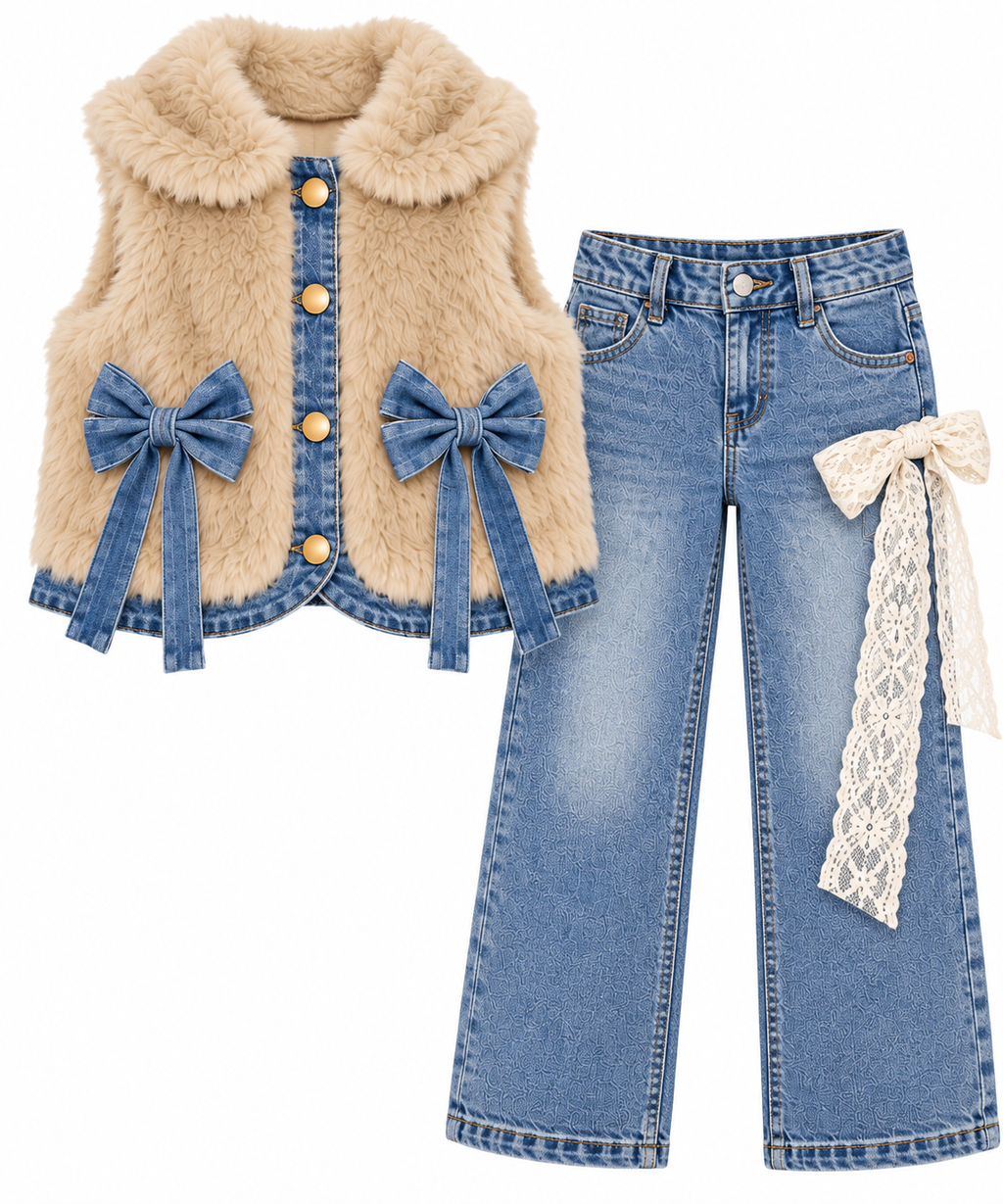 Girls’ Winter Fluffy Bow Vest & Denim Pants Two-Piece Set