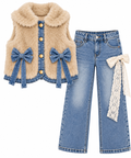 Girls’ Winter Fluffy Bow Vest & Denim Pants Two-Piece Set