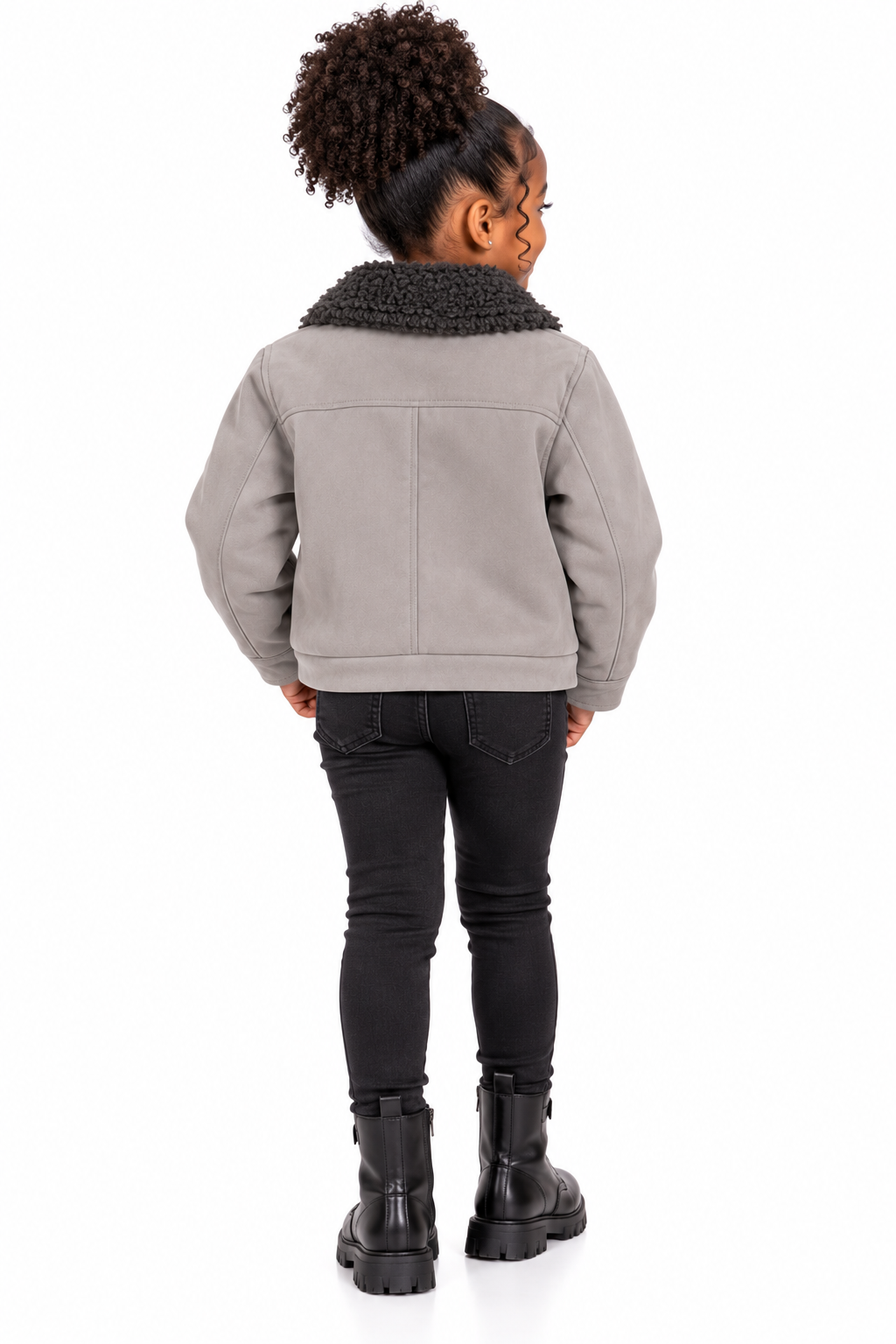 Girls’ Stylish Gray Faux Suede Jacket with Black Faux Fur Collar