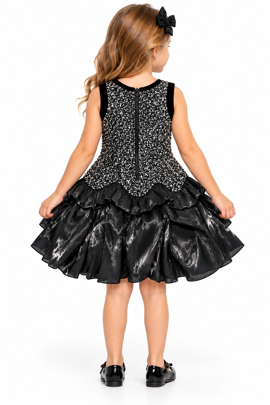 Girls’ Elegant Black & Silver Sequin Party Dress – Sleeveless Sparkly Ruffle Dress