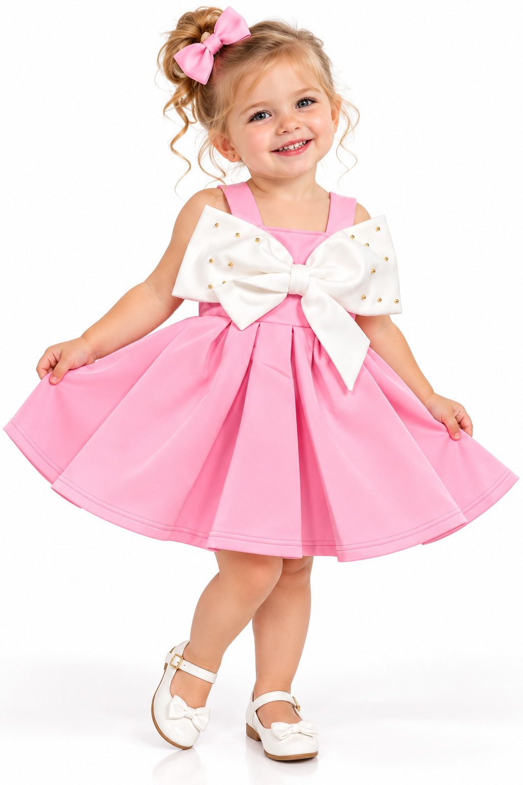 Girls’ Pink Party Dress with Oversized White Bows