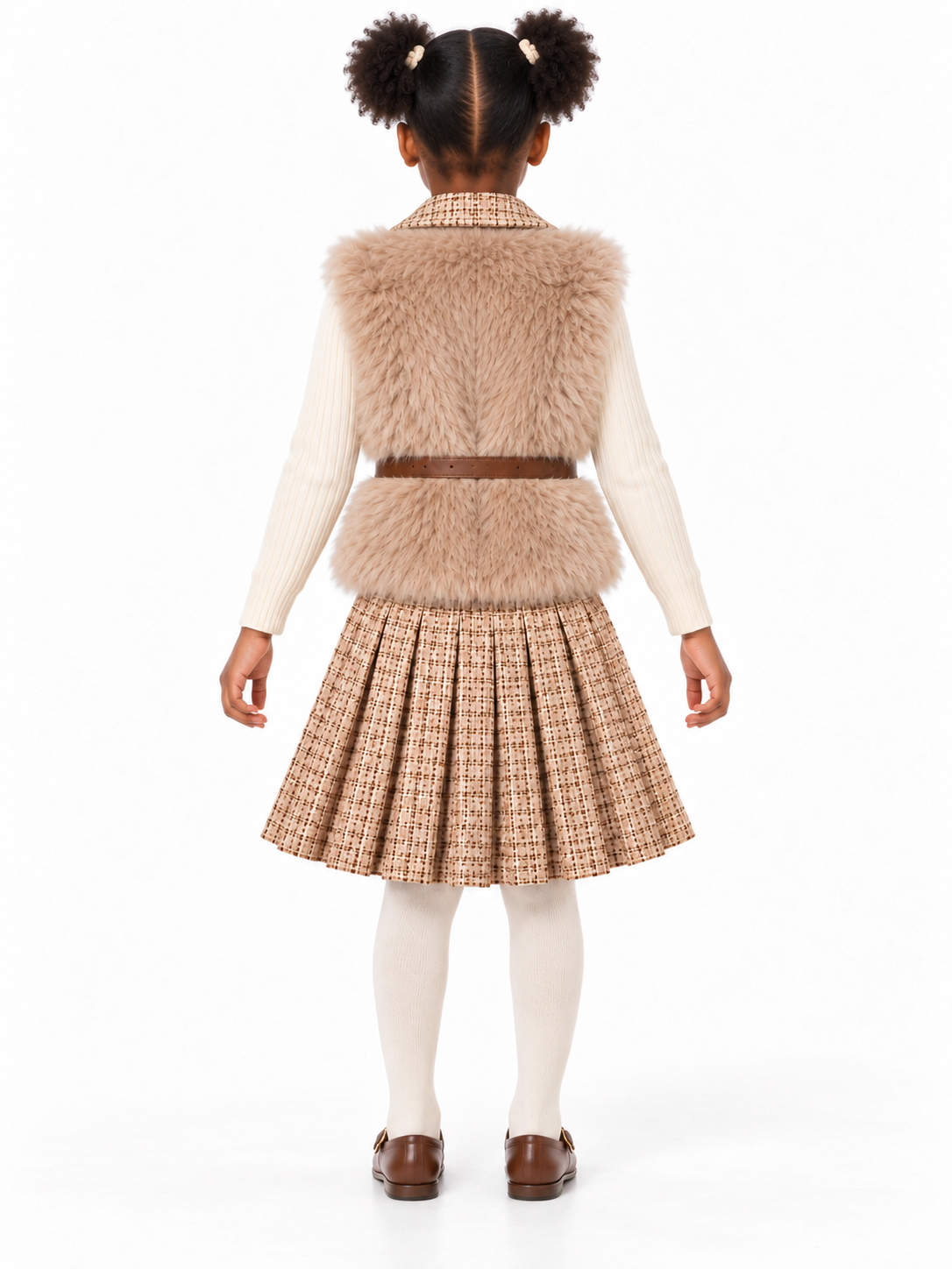 Girls’ Beige Three-Piece Winter Vest, Sweater & Pleated Skirt Set