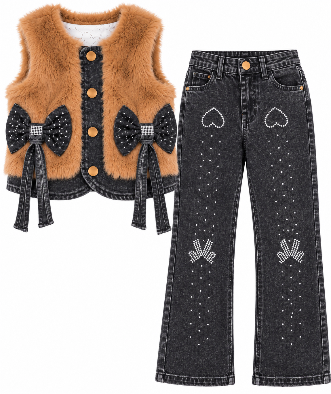 Girls’ Winter Fluffy Bow Vest & Denim Pants Two-Piece Set