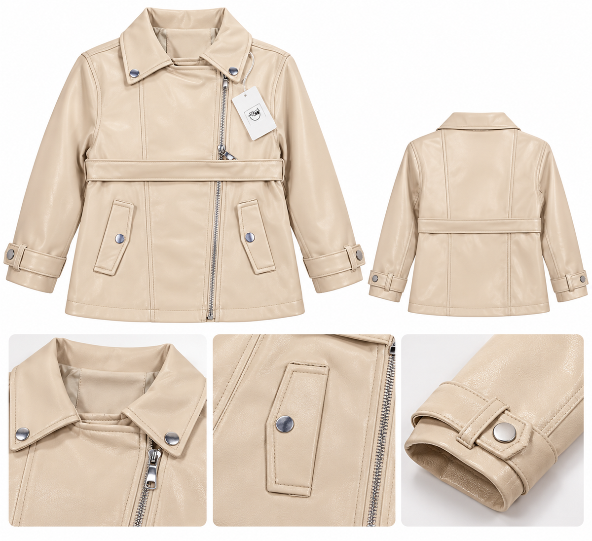 Girls’ Elegant Beige Faux Leather Trench Jacket – Stylish Belted Coat with Zipper