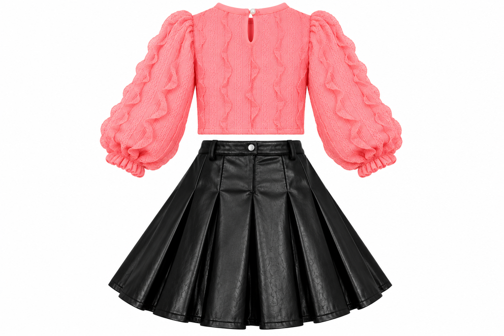 Girls' Elegant Pink Blouse & Black Leather-Look Skirt Set