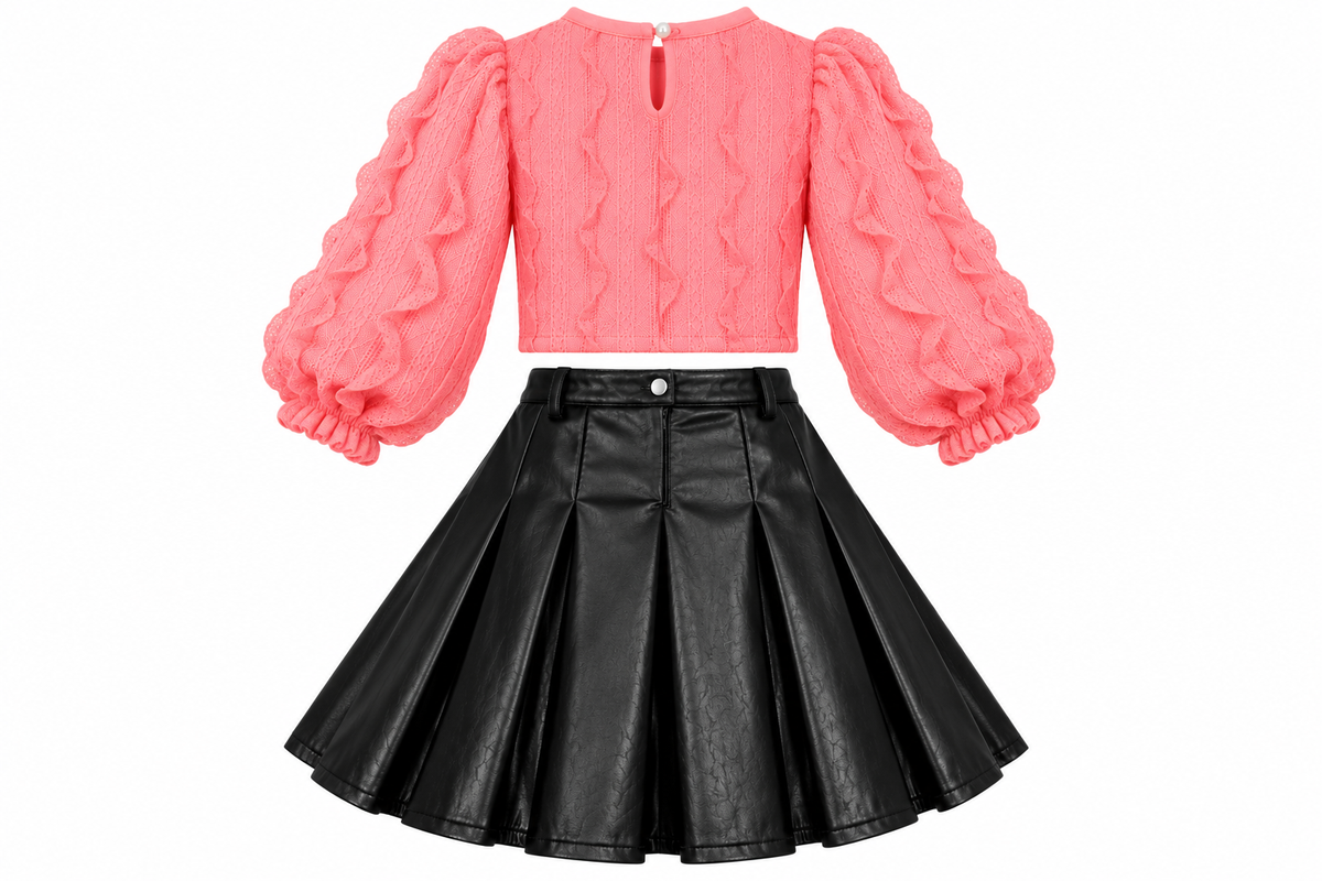 Girls' Elegant Pink Blouse & Black Leather-Look Skirt Set