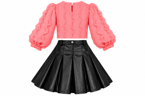 Girls' Elegant Pink Blouse & Black Leather-Look Skirt Set