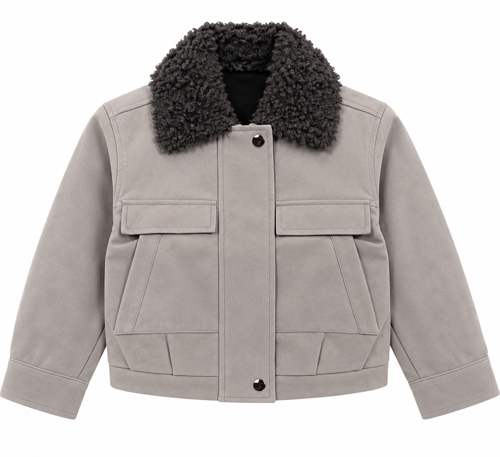 Girls’ Stylish Gray Faux Suede Jacket with Black Faux Fur Collar