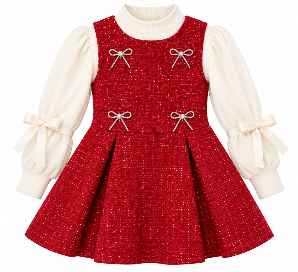 Girls’ Red & Ivory Bow Detail Pleated Party Dress