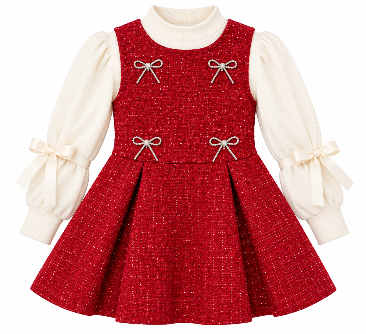 Girls’ Red & Ivory Bow Detail Pleated Party Dress
