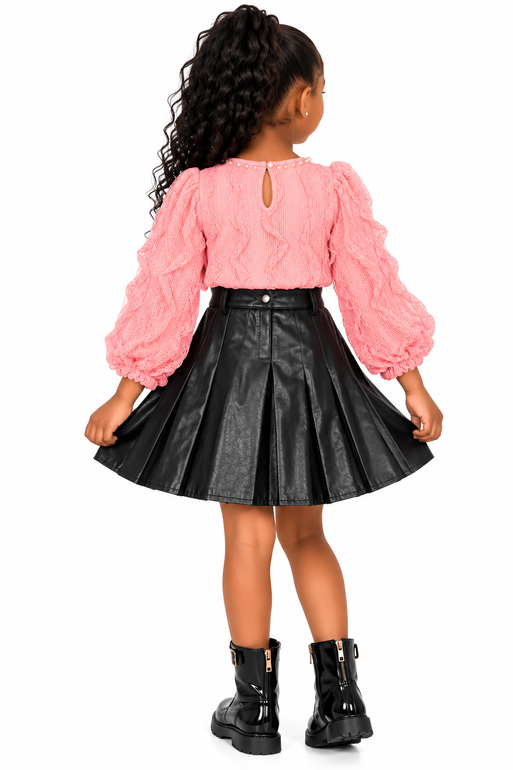 Girls' Elegant Pink Blouse & Black Leather-Look Skirt Set