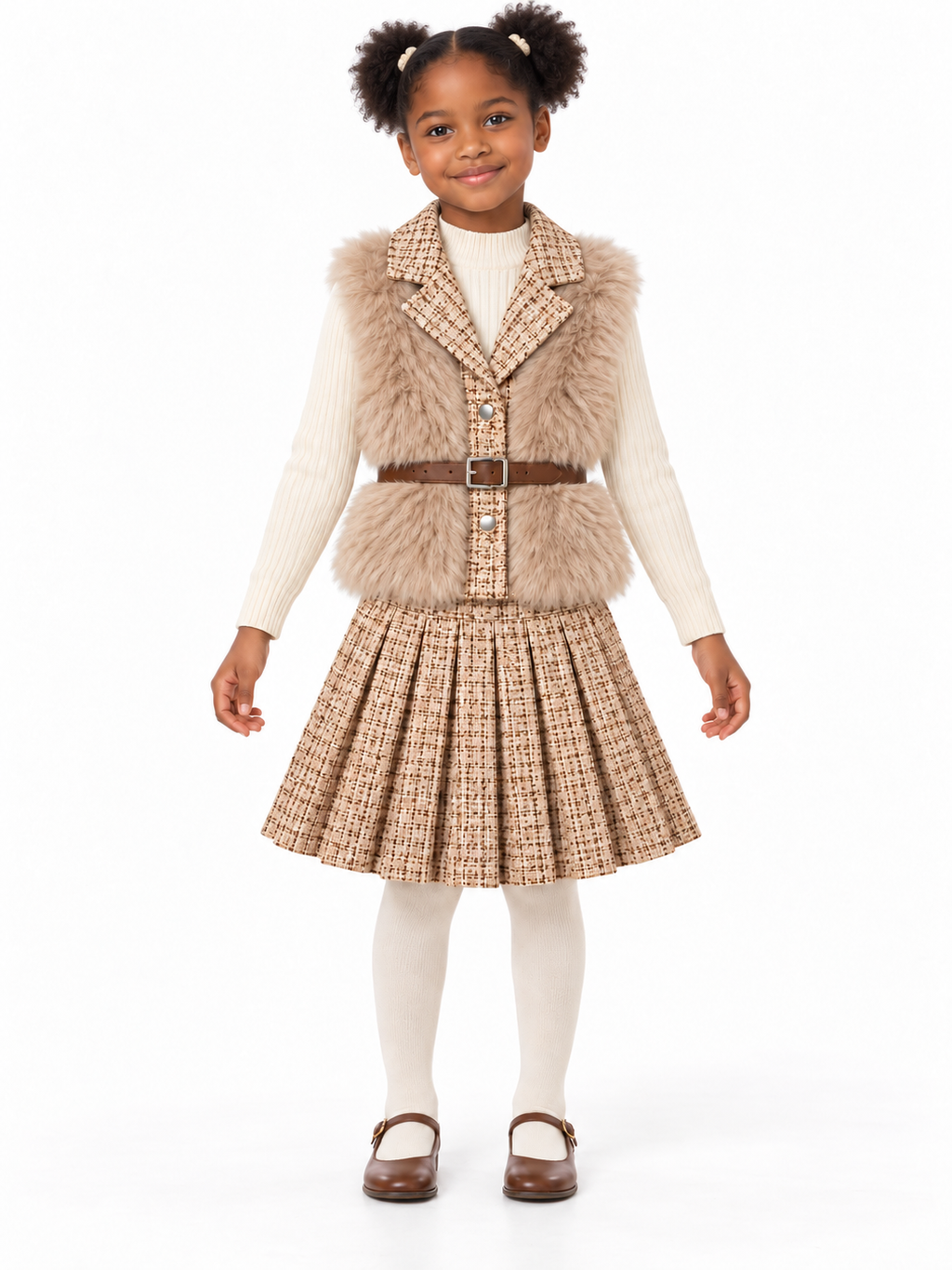 Girls’ Beige Three-Piece Winter Vest, Sweater & Pleated Skirt Set