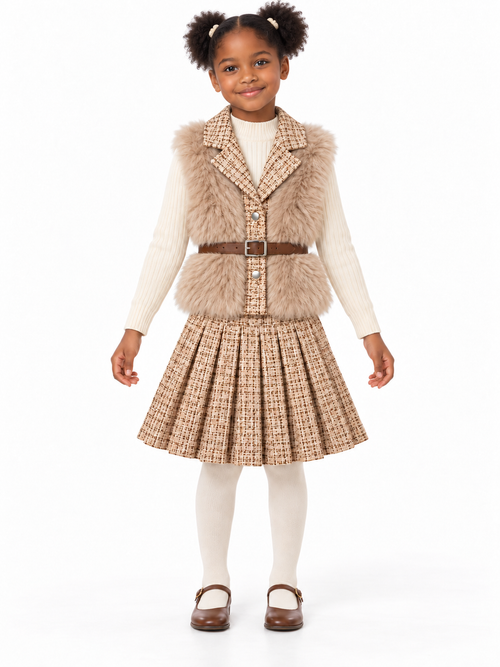 Girls’ Beige Three-Piece Winter Vest, Sweater & Pleated Skirt Set