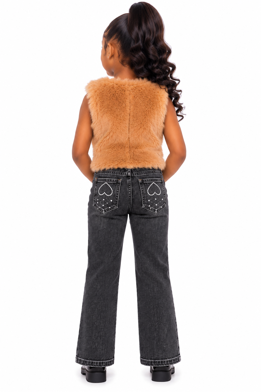Girls’ Winter Fluffy Bow Vest & Denim Pants Two-Piece Set