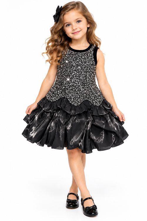 Girls’ Elegant Black & Silver Sequin Party Dress – Sleeveless Sparkly Ruffle Dress