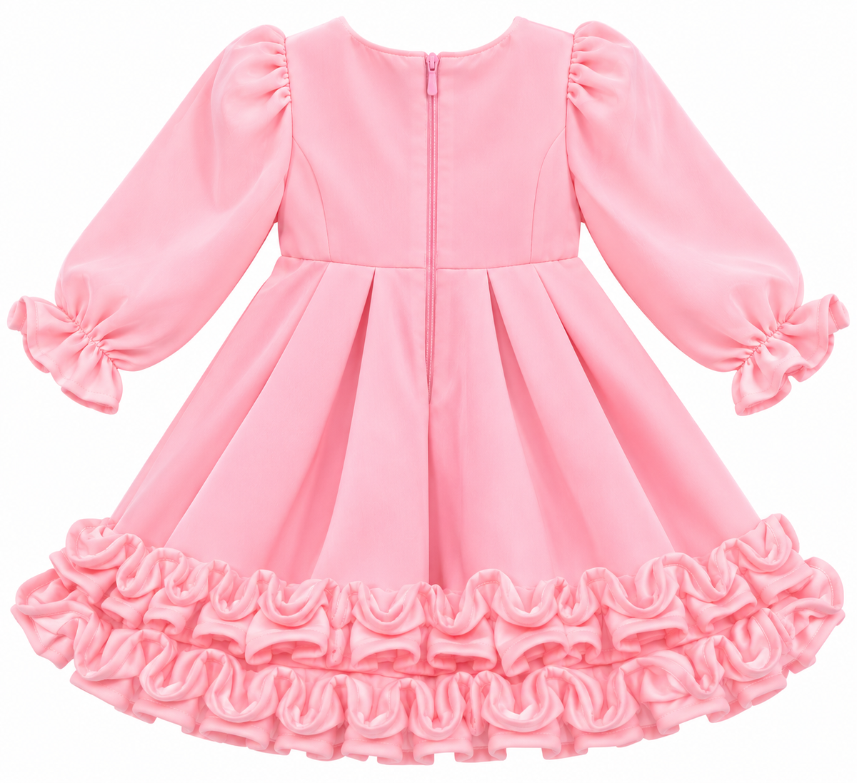 Girls’ Pink Bow Dress with Long Puff Sleeves and Ruffle Hem
