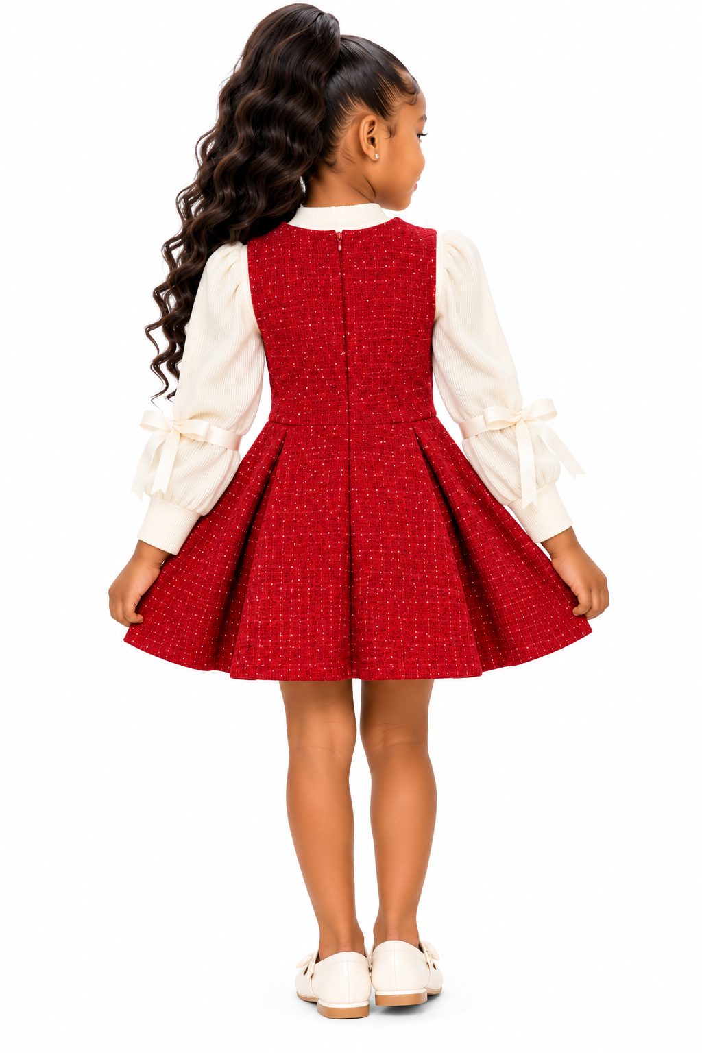 Girls’ Red & Ivory Bow Detail Pleated Party Dress